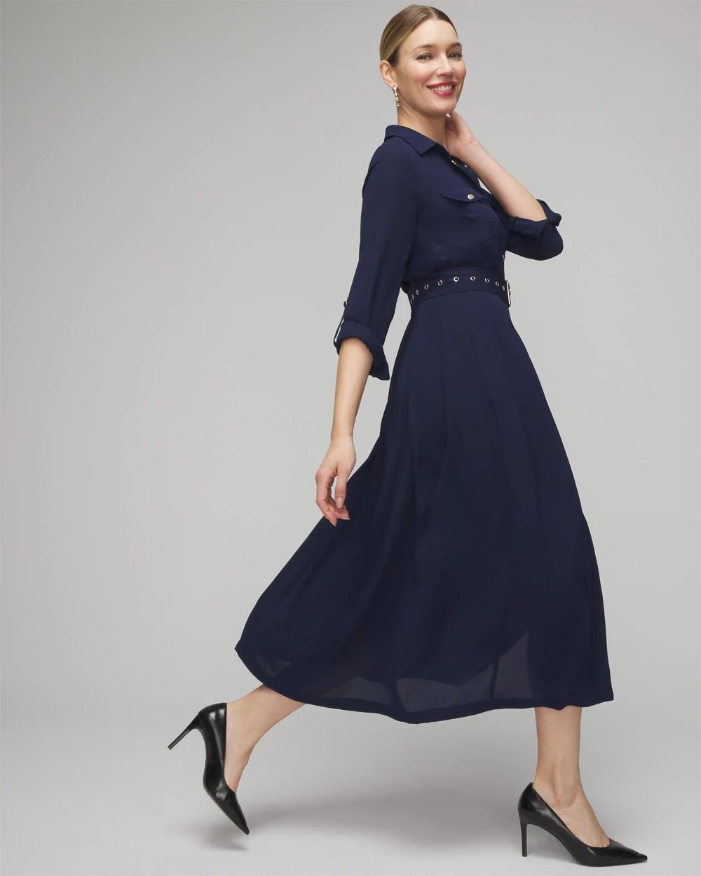 White house black market blue dress top